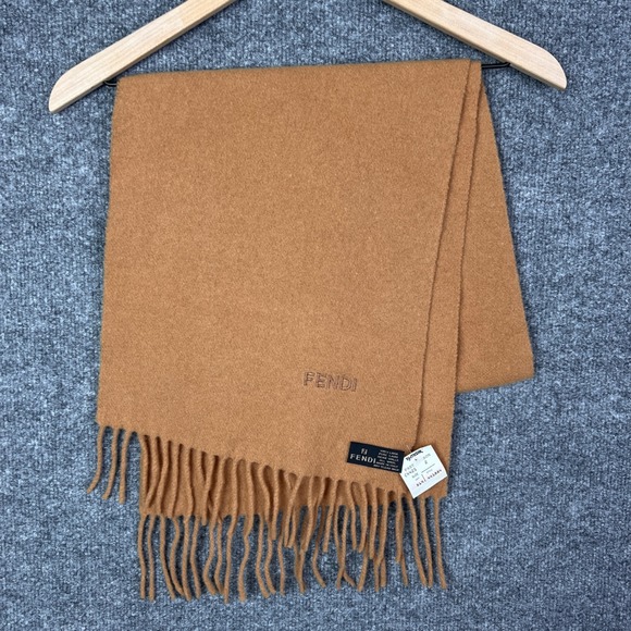 Fendi Accessories - Vintage W/TAG Fendi Lambswool Scarf Made In Italy Designer Logo Brown Fringe
